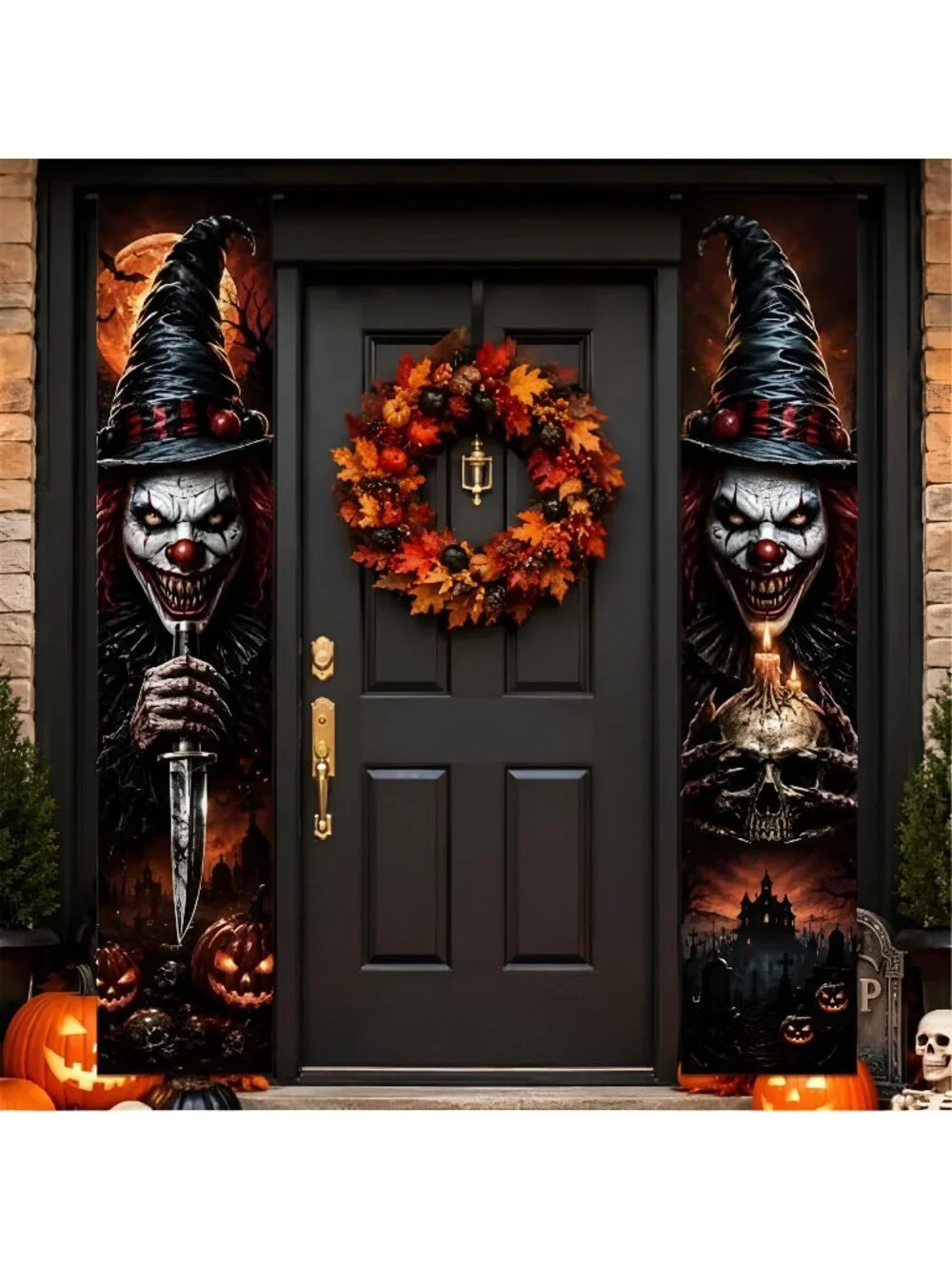 2PCS Halloween Porch Banner Decorations Scary Evil Clown Front Door Signs for